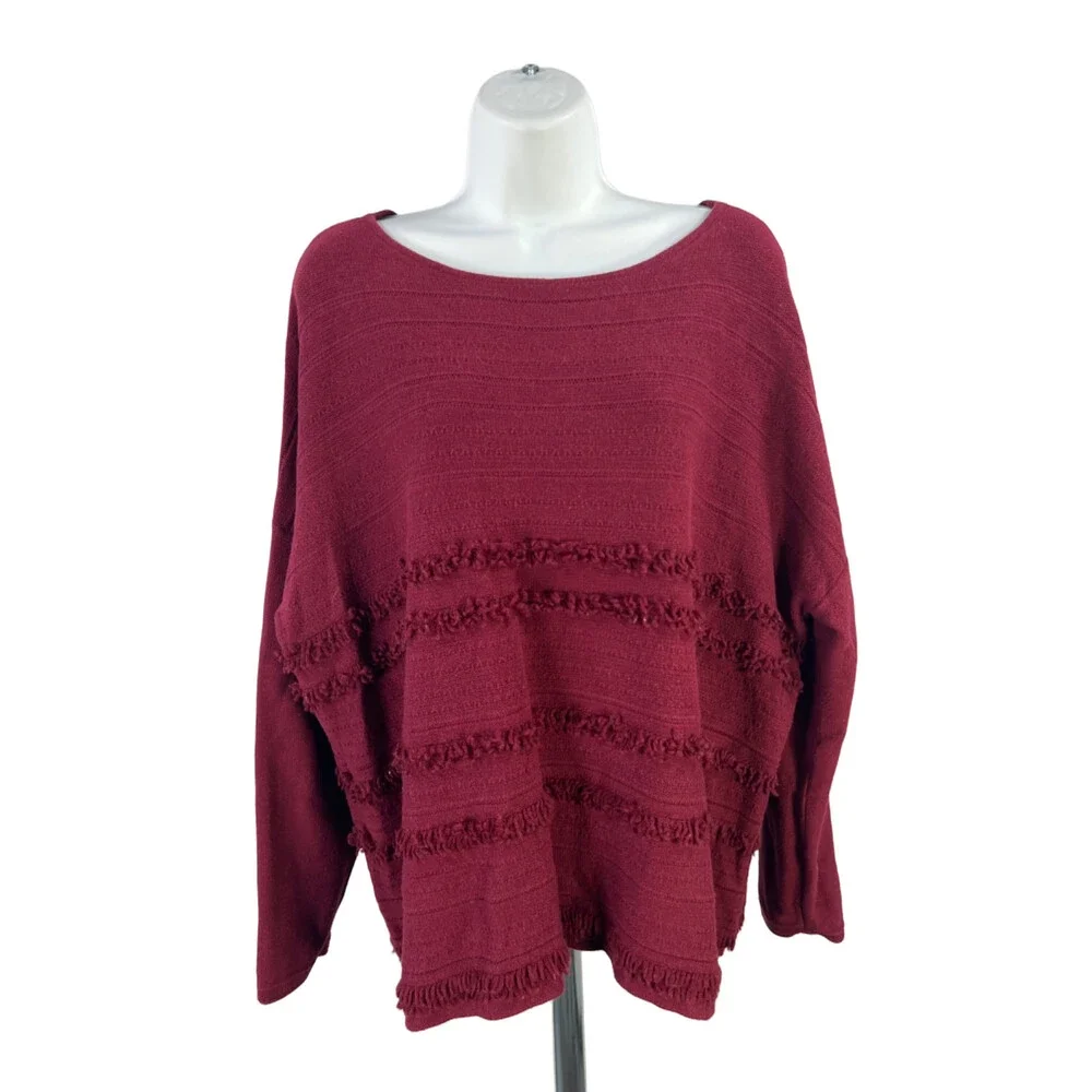 J Jill Women's Burgundy Knit Boat Neck Long Sleeve Sweater - L